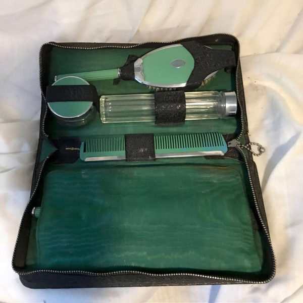 Vintage Train Travel Case Overnight Cosmetic Bag Leather Zipperd glass bottles Metal lids and mirror, brush all green complete