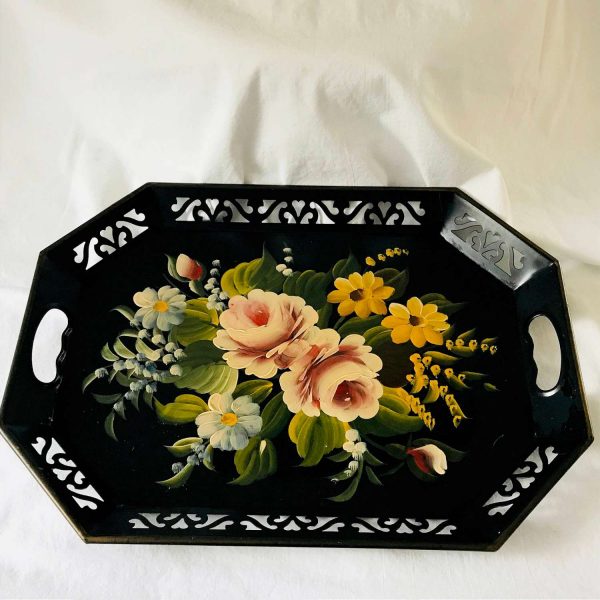 Vintage Tray Tole painted metal large serving tray Mid Century Black with pink roses and daisies serving collectible display home decor