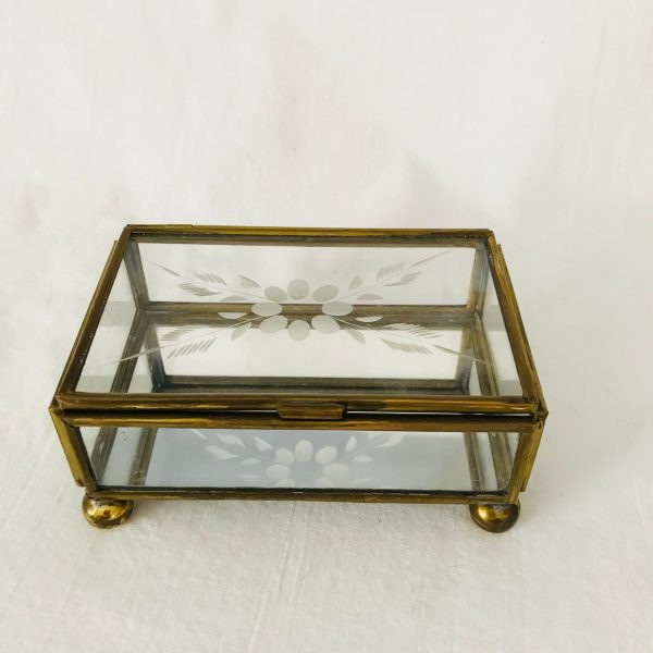 Vintage Trinket box hinged lid etched floral glass with brass trim footed jewelry trinket collectible display