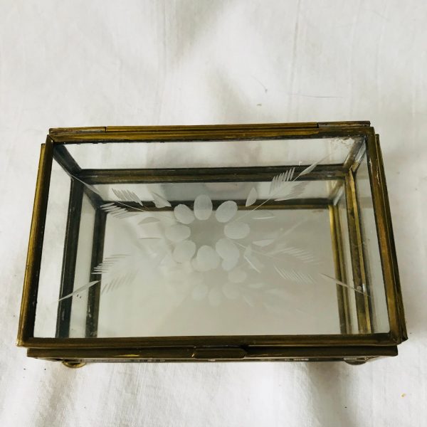 Vintage Trinket box hinged lid etched floral glass with brass trim footed jewelry trinket collectible display