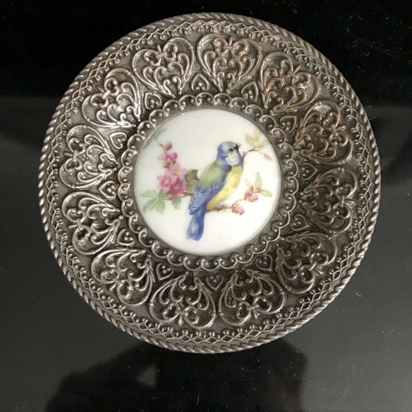 Vintage trinket dish hand painted bird & floral porcelain center collectible display pin nut display ring dish farmhouse cottage kitchen