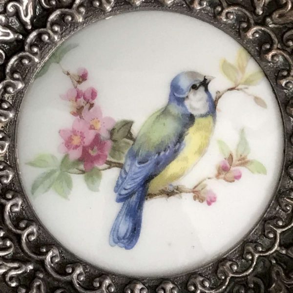 Vintage trinket dish hand painted bird & floral porcelain center collectible display pin nut display ring dish farmhouse cottage kitchen