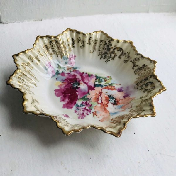Vintage trinket dish hand painted farmhouse kitchen dining collectible display ring trinket dish nut pin dish ornate gold trim