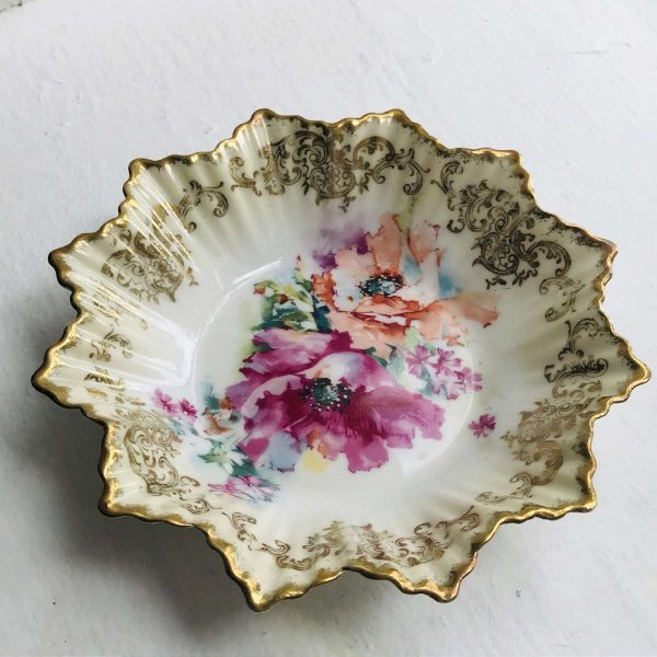 Vintage trinket dish hand painted farmhouse kitchen dining collectible display ring trinket dish nut pin dish ornate gold trim