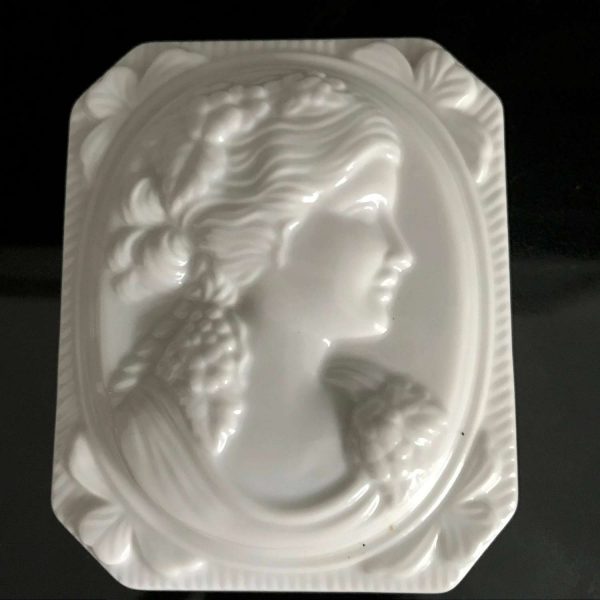 Vintage Trinket Dish Ornate Portrait Fine bone china White on White Raised Victorian woman collectible display rectangular