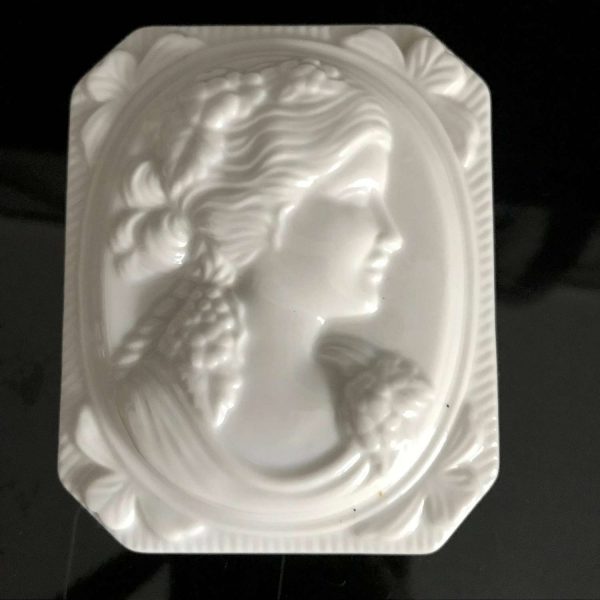 Vintage Trinket Dish Ornate Portrait Fine bone china White on White Raised Victorian woman collectible display rectangular
