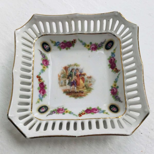 Vintage trinket dish pierced rim farmhouse kitchen collectible display ring trinket dish nut pin dish courting couple Germany