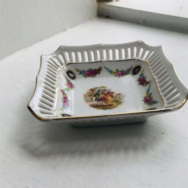 Vintage trinket dish pierced rim farmhouse kitchen collectible display ring trinket dish nut pin dish courting couple Germany