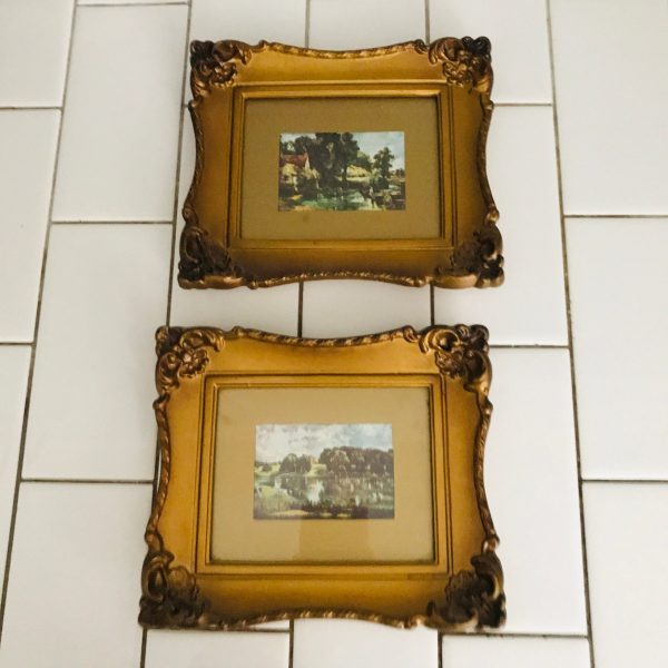 Vintage USA wall prints The Village-Hobbema &  Watermill with red roof-Hobbema farmhouse collectible bed and breakfast gold ornate frames