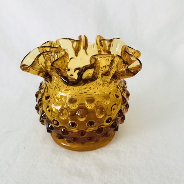 Vintage Vase Hobnail Amber Fenton Glass Signed bottom small miniature vase collectible display ruffle rim