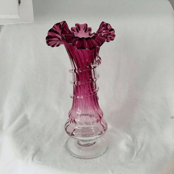 Vintage Vase Large Cranberry glass with ruffled top clear glass wrap display collectible vintage home decor