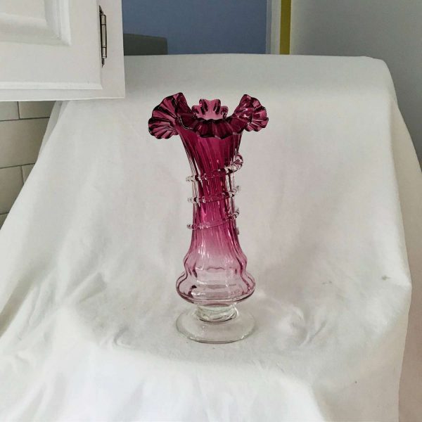 Vintage Vase Large Cranberry glass with ruffled top clear glass wrap display collectible vintage home decor