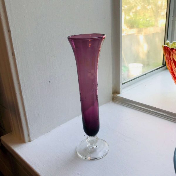 Vintage Vase Purple Etched Floral Pedestal Flower Bud Vase collectible display farmhouse cottage elegant