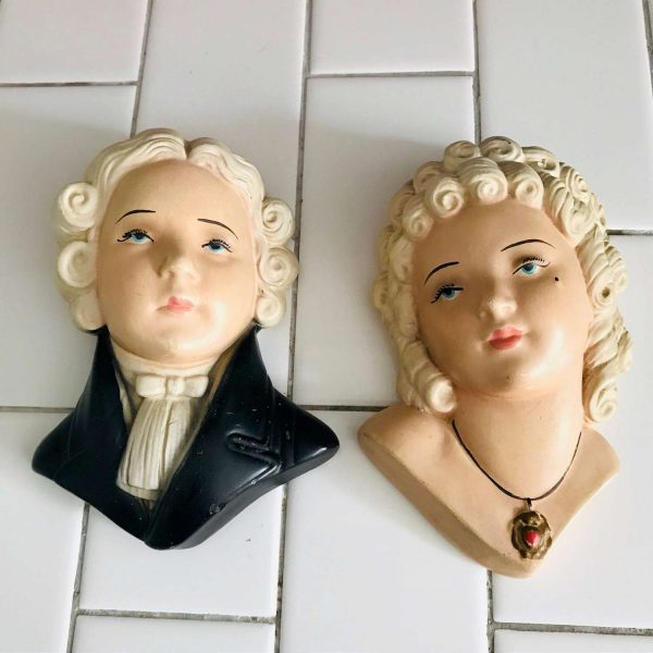 Vintage Victorian Busts Man and Woman Plaster wall hanging figurines collectible display great condition farmhouse cottage