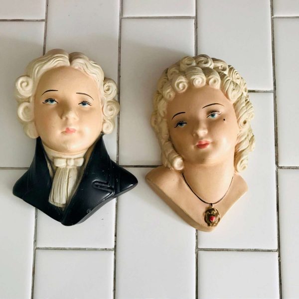 Vintage Victorian Busts Man and Woman Plaster wall hanging figurines collectible display great condition farmhouse cottage