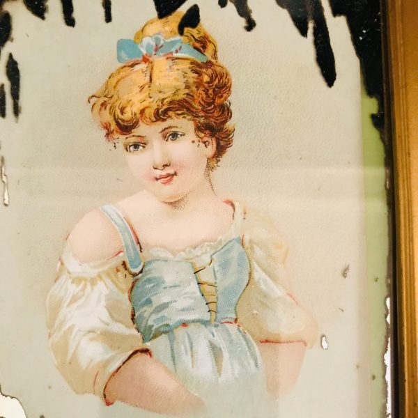 Vintage wall decor miniature Victorian girl on Mirrored background farmhouse collectible display