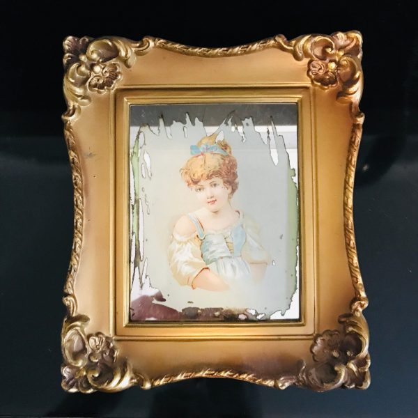Vintage wall decor miniature Victorian girl on Mirrored background farmhouse collectible display