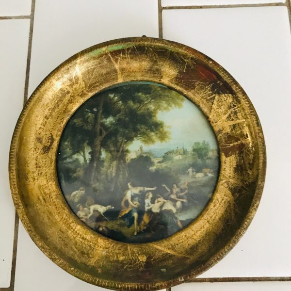 Vintage wall decor print miniature landscape people and animals detailed Florentia Italy gold wooden Round frame farmhouse collectible