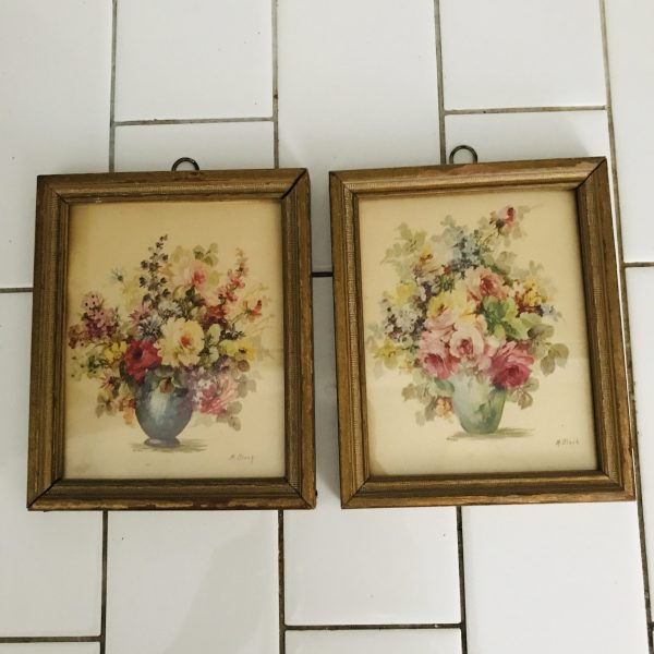 Vintage wall decor Still Life Floral M. Black 1940's pastels small prints gold wooden frame farmhouse collectible dainty flowers