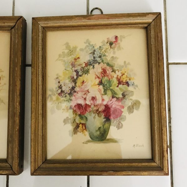 Vintage wall decor Still Life Floral M. Black 1940's pastels small prints gold wooden frame farmhouse collectible dainty flowers