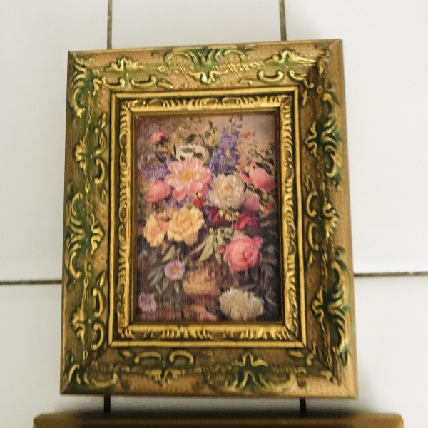 Vintage wall decor Still Life on canvas miniatures framed 1940's pastels small prints gold wooden frame farmhouse collectible dainty flowers