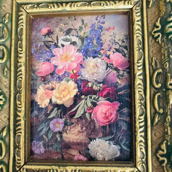 Vintage wall decor Still Life on canvas miniatures framed 1940's pastels small prints gold wooden frame farmhouse collectible dainty flowers
