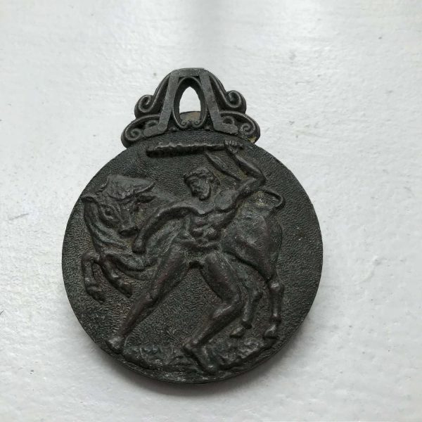 Vintage Wall Hanging Letter Mail Holder Paper clip office kitchen Greek Crete Relief Soldiers Warriors Man with Club and Bull  Bronze