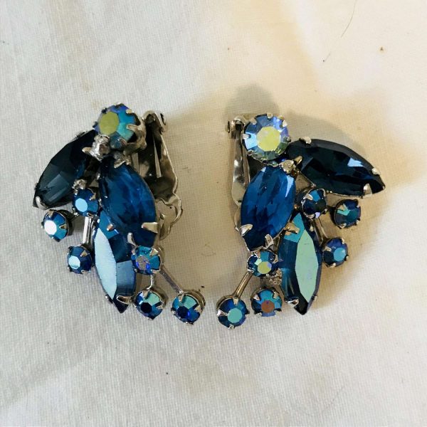 Vintage Weiss Clip Earrings Blue Rhinestone silver backing Signed 1940's jewelry bling collectible display party clubbing wedding