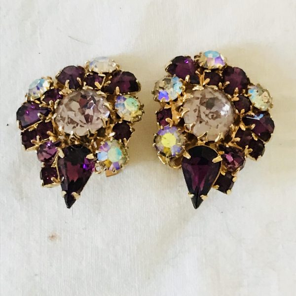 Vintage Weiss Clip Earrings Purple Rhinestone gold backing Signed 1940's jewelry bling collectible display party clubbing wedding