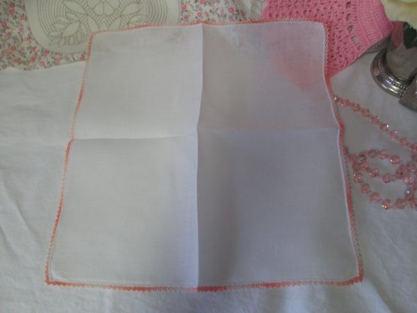 Vintage white hankie handkerchief linen with tiny variegated tatted peach trim