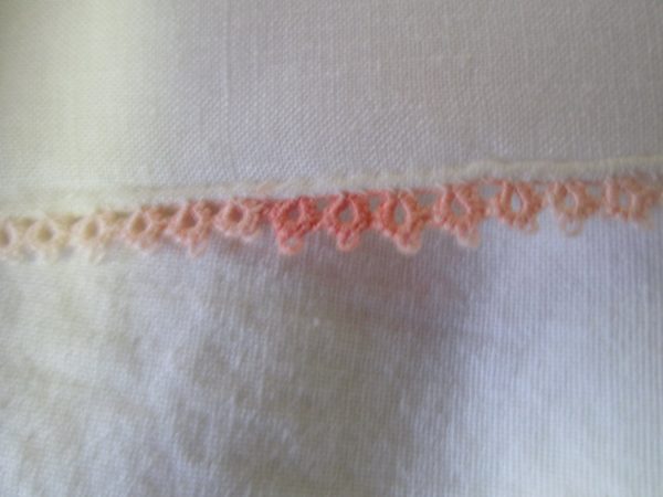 Vintage white hankie handkerchief linen with tiny variegated tatted peach trim