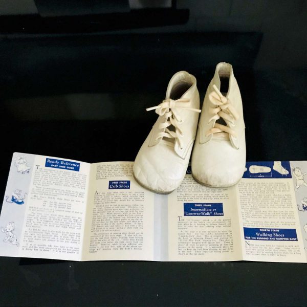 Vintage White leather baby shoes with care instructions Mrs. Day's Ideal abby Shoe Guide Display collectible dolls nursery