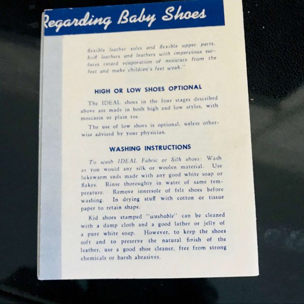 Vintage White leather baby shoes with care instructions Mrs. Day's Ideal abby Shoe Guide Display collectible dolls nursery