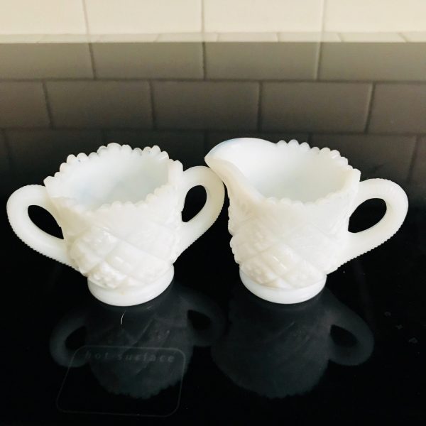 Vintage white milk glass miniature creamer and sugar collectible display farmhouse cottage shabby chic depression glass saw tooth rims