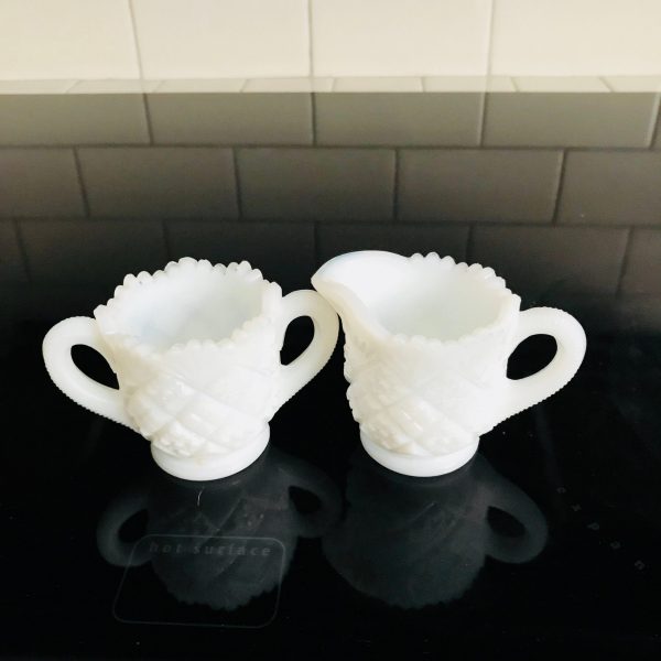 Vintage white milk glass miniature creamer and sugar collectible display farmhouse cottage shabby chic depression glass saw tooth rims