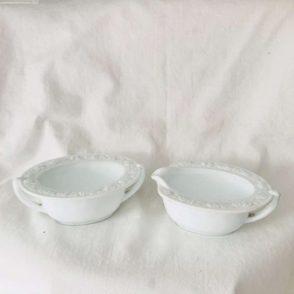 Vintage White Milk Glass Unique Creamer and Sugar Mid Century wide rim farmhouse display collectible serving dining tea coffee
