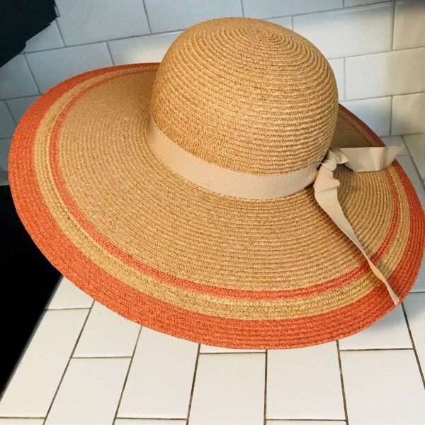 Vintage Woman's Hat Italy large brim light orange trim gardening fashion collectible summer beach Fasinator woven hat