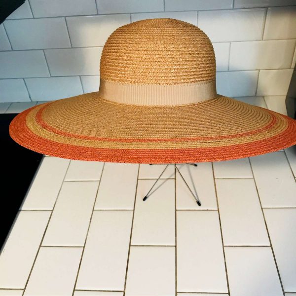 Vintage Woman's Hat Italy large brim light orange trim gardening fashion collectible summer beach Fasinator woven hat