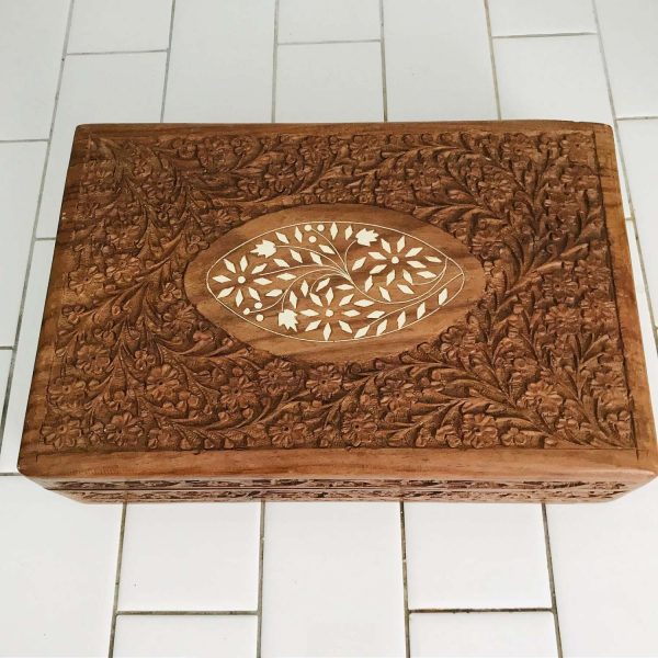 Vintage Wooden Box Ornate Carving flowers leaves and ziz-zag pattern inlaid bone jewelry storage farmhouse collectible display lined box