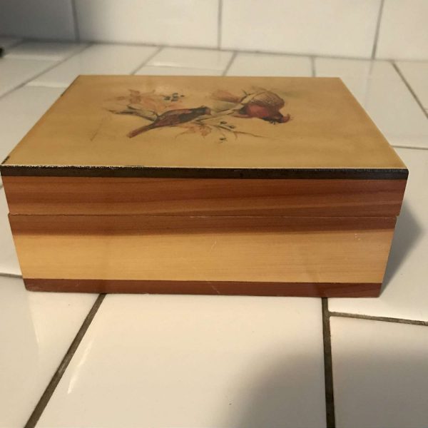 Vintage wooden box with cardinals hand decorated 1979 storage jewelry trinket box collectible display cottage farmhouse birds bedroom