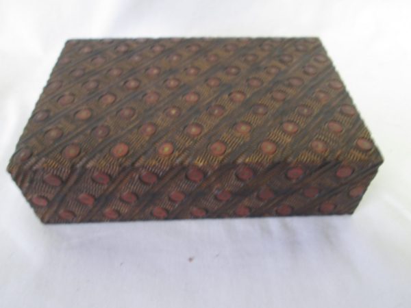 Vintage wooden carved box with intricate detail clean inside hinged lid