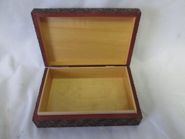 Vintage wooden carved box with intricate detail clean inside hinged lid