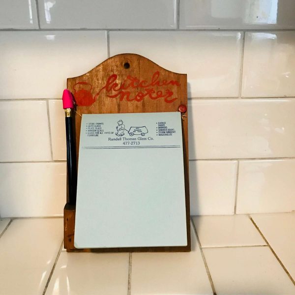 Vintage wooden "Kitchen Notes" board for paper and pencil red tacks with strings hold the note pad retro kitchen display farmhouse cottage