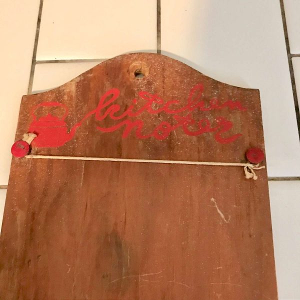 Vintage wooden "Kitchen Notes" board for paper and pencil red tacks with strings hold the note pad retro kitchen display farmhouse cottage