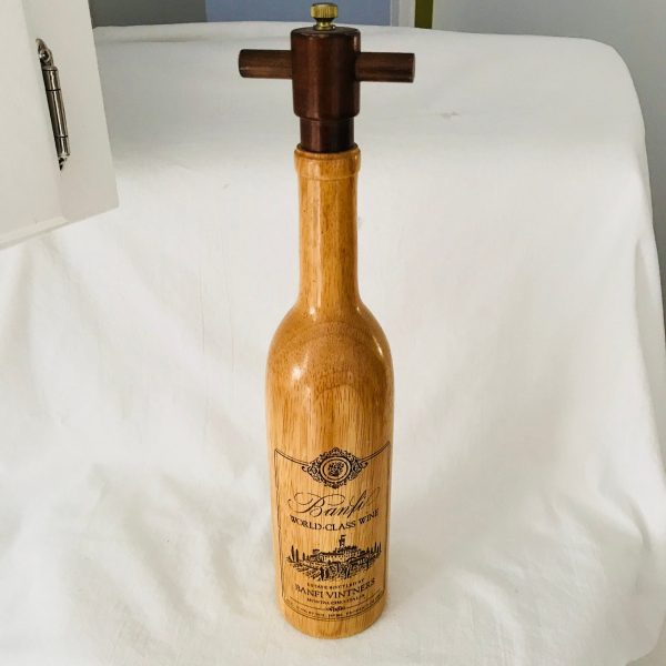 Vintage Wooden Wine bottle salt or pepper grinder Wine bottle size etched Banfi vintners World-Class wine, Italy