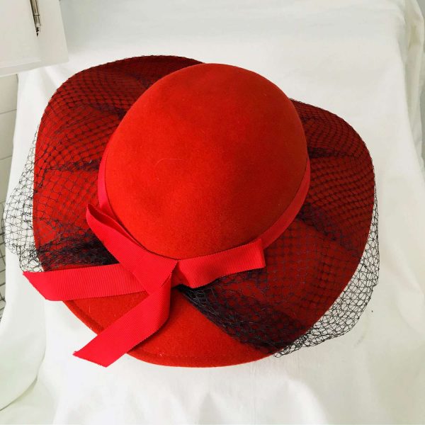 Vintage Wool Hat Red with Black Netting large brim facinator hat Doeskin Felt 100% wool Geo. W. Bollmang Co. Red Gross Grain Ribbon
