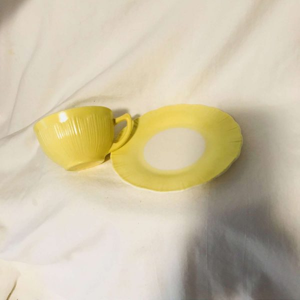 Vintage Yellow Milk Glass ribbed tea cup and saucer rimmed round bottom collectible farmhouse display