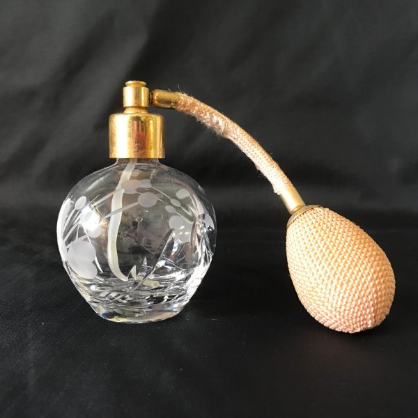 Vitage Crystal Perfume Bottle with Peach Atomizer Working Etched crystal