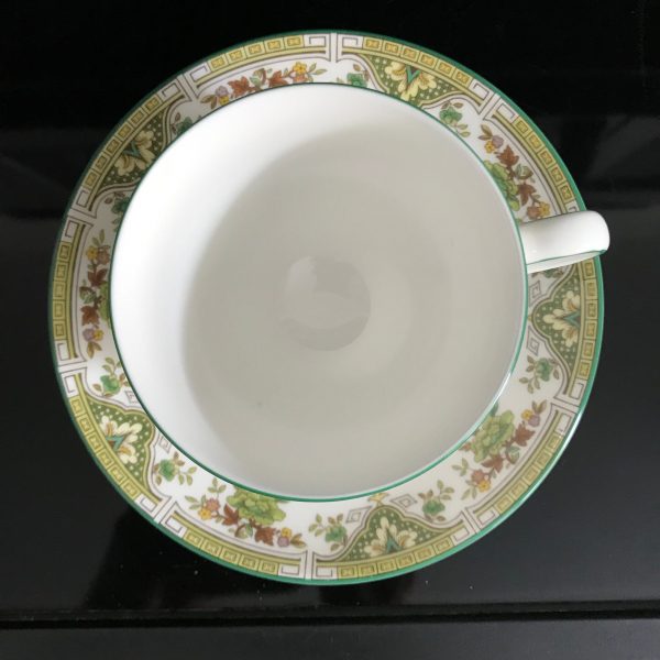 Wedgwood Tea cup and saucer Fine bone china England Green with Lotus flowers Greek key rimfarmhouse collectible display bridal