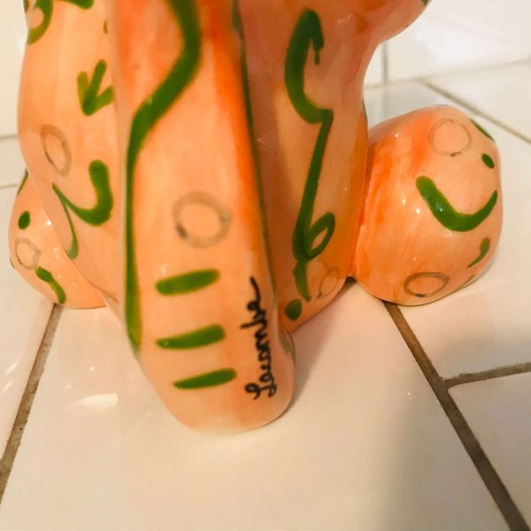 Whimsical Whimsiclay hand made Annaco Creations by Amy Lacombe Signed Fiesta Taco Orange with green swirls Party Cat holding tacos cat lover
